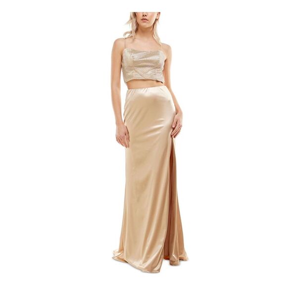 B DARLIN Dresses & Skirts - B DARLIN Womens Gown Full-Length Dress Gold Sleeveless Formal Mesh Juniors 5\6